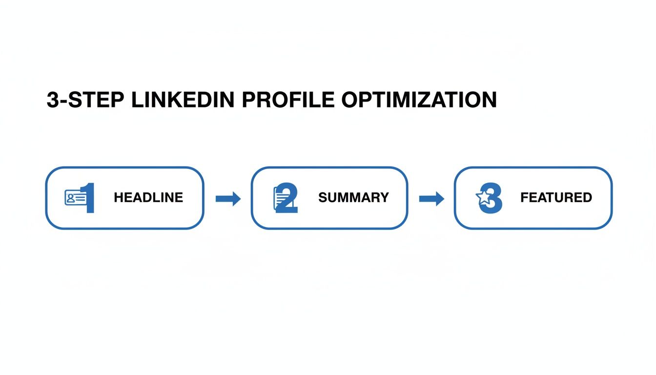 A 3-step LinkedIn profile optimization process diagram with steps: Headline, Summary, and Featured.