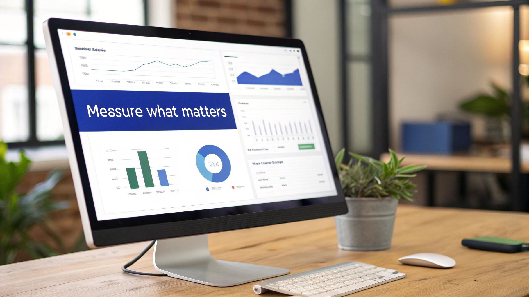 Modern desktop computer displaying business analytics dashboard with charts and text on a wooden desk.