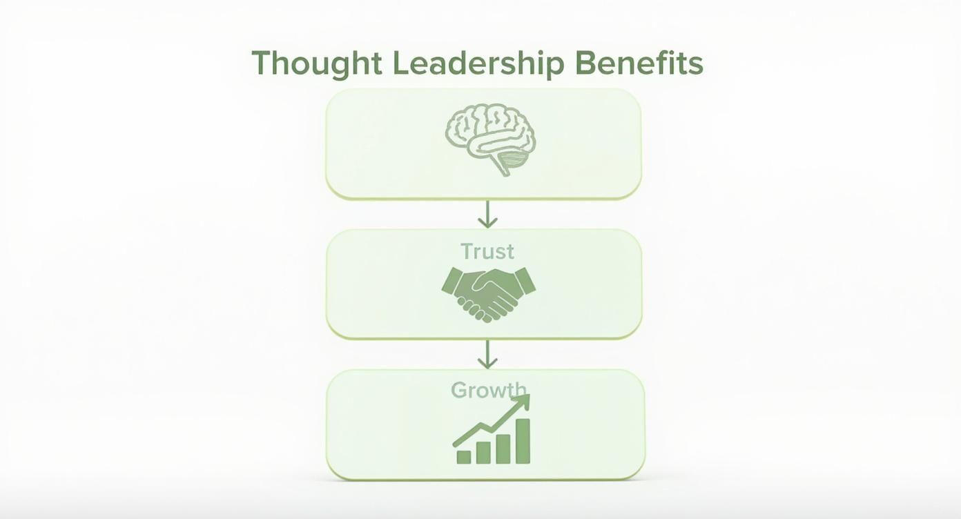 A flowchart illustrating the benefits of thought leadership: brain icon to trust (handshake) to growth (chart).