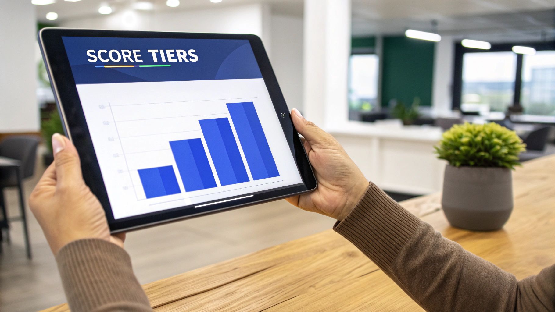 A person holds a tablet displaying a bar chart titled "SCORE TIERS" in an office setting.