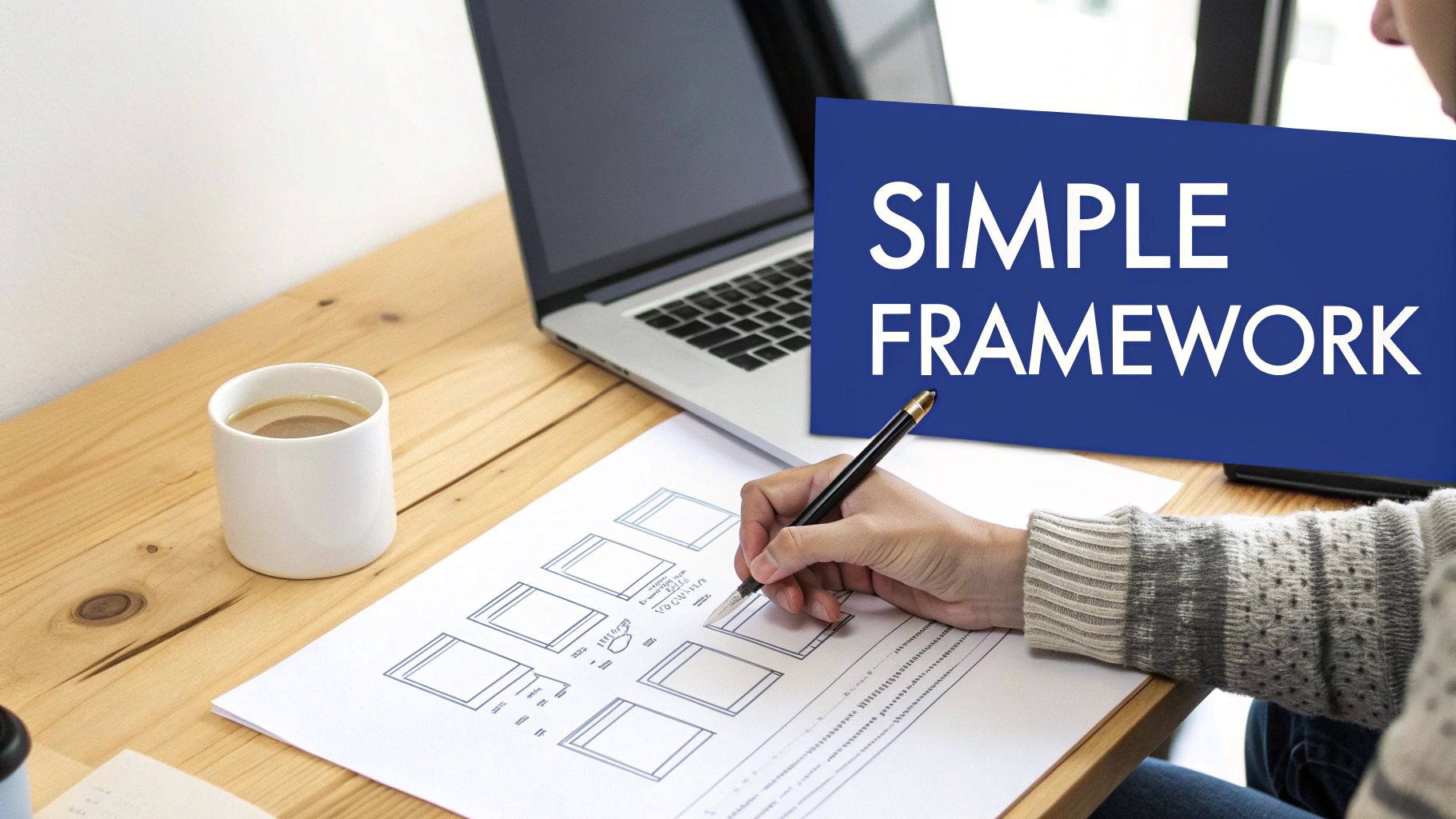 Person sketching interface designs on paper with a pen, laptop, coffee, and 'SIMPLE FRAMEWORK' text overlay.