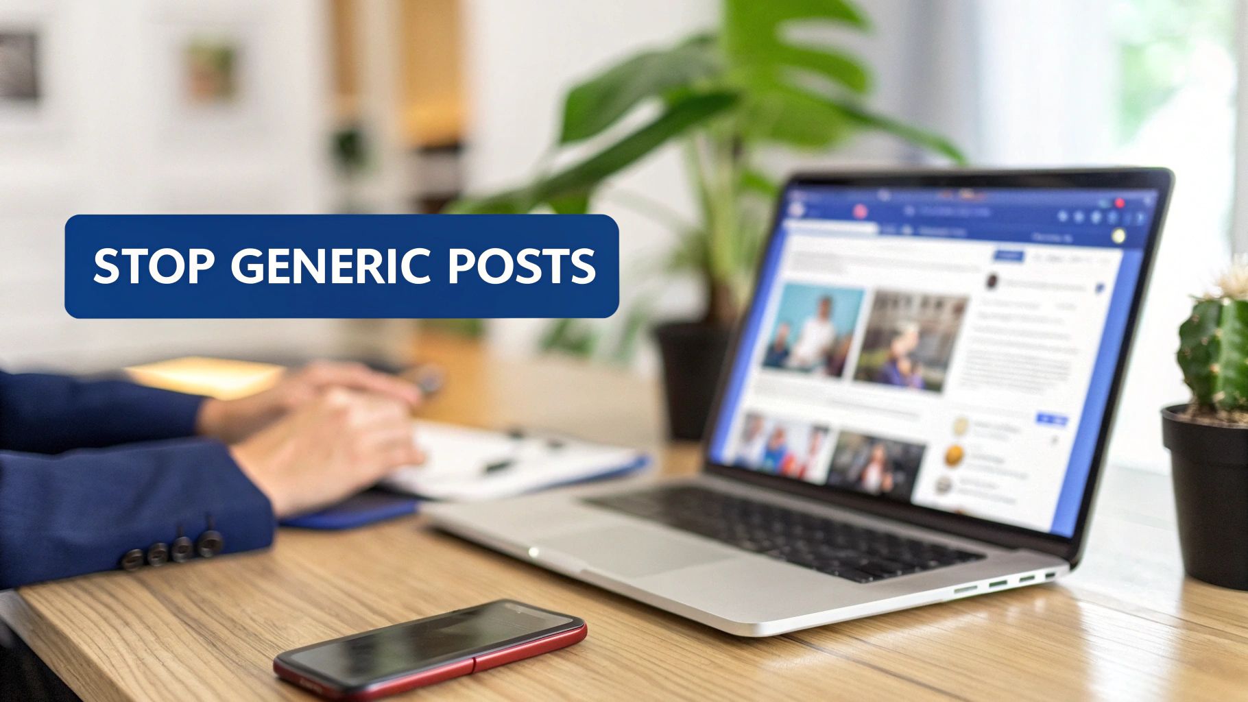 A person's hands near a laptop displaying social media and a 'STOP GENERIC POSTS' message.
