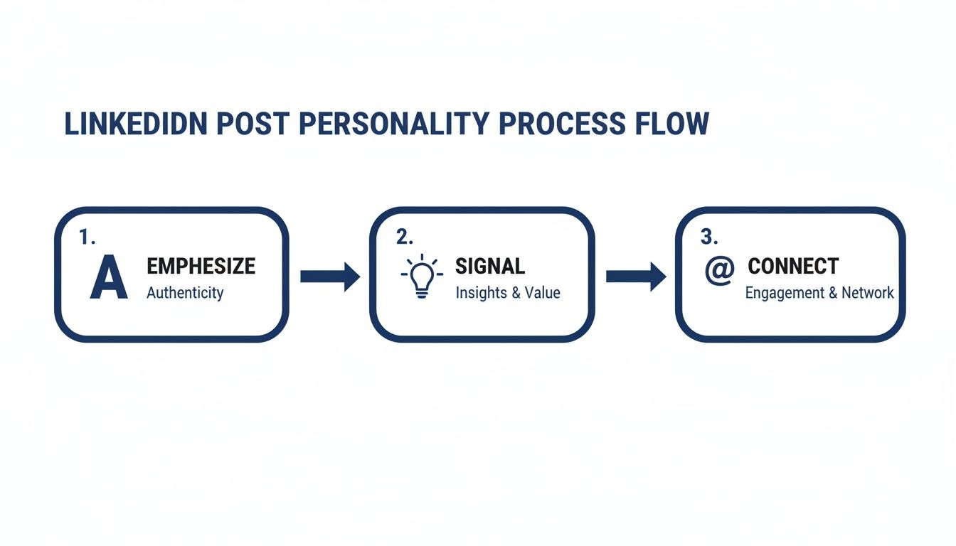 Flowchart illustrating the LinkedIn post personality process: Emphasize Authenticity, Signal Insights, and Connect Engagement.
