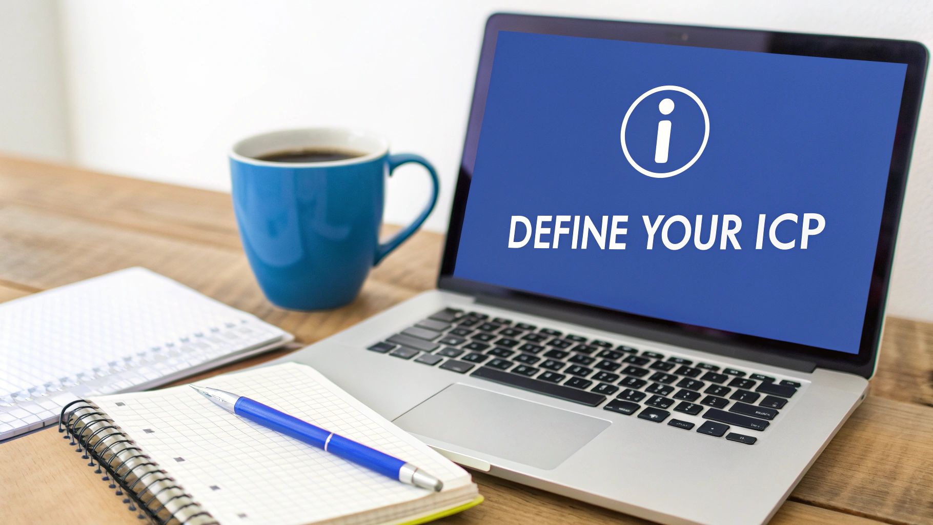 A laptop on a wooden desk displays 'DEFINE YOUR ICP' with an info icon, alongside a coffee cup and notebooks.