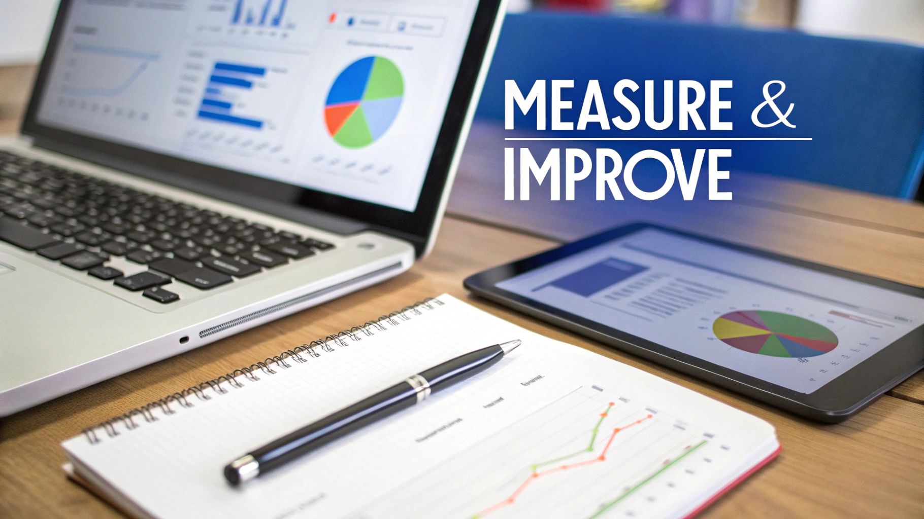 Desk setup with laptop, tablet, and notebook displaying data analytics charts for business improvement.