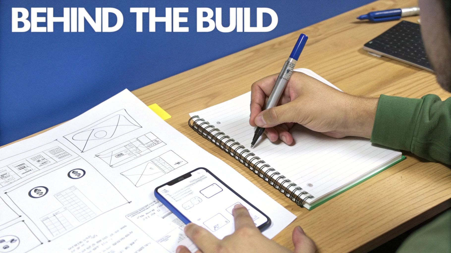 Designer's hands working on app development, drawing UI wireframes and testing on a phone.