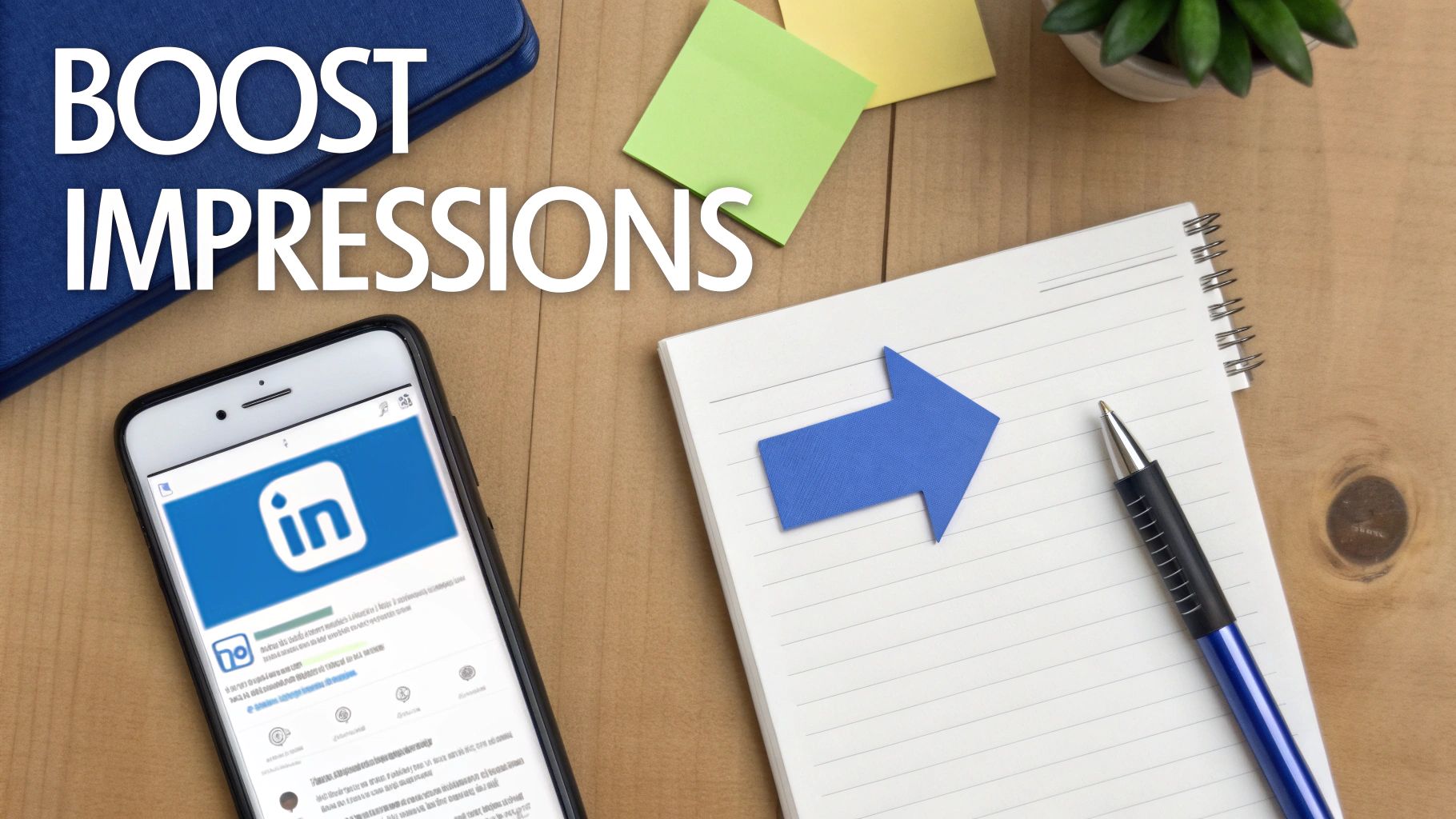 Overhead shot of a desk with a phone showing the LinkedIn app and 'BOOST IMPRESSIONS' text.