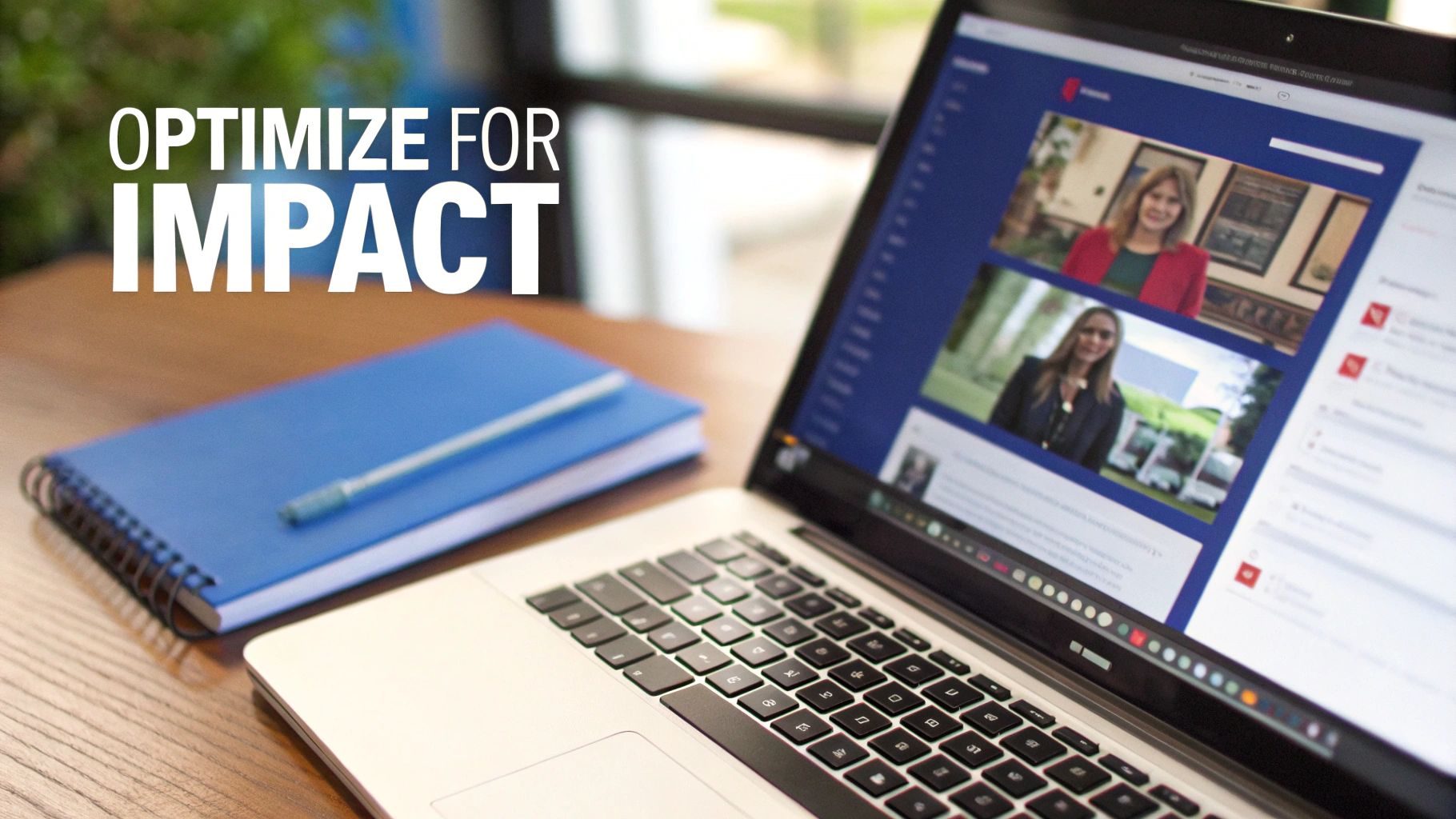 A laptop displaying a video call, a blue notebook, and a pen on a desk, with 'OPTIMIZE FOR IMPACT' text.