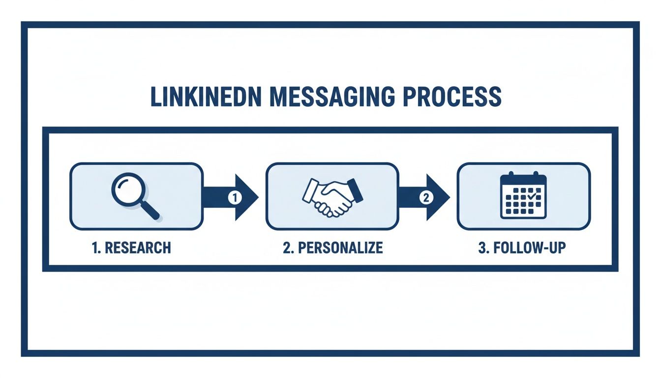 Flowchart detailing the LinkedIn messaging process in three steps: research, personalize, and follow-up.