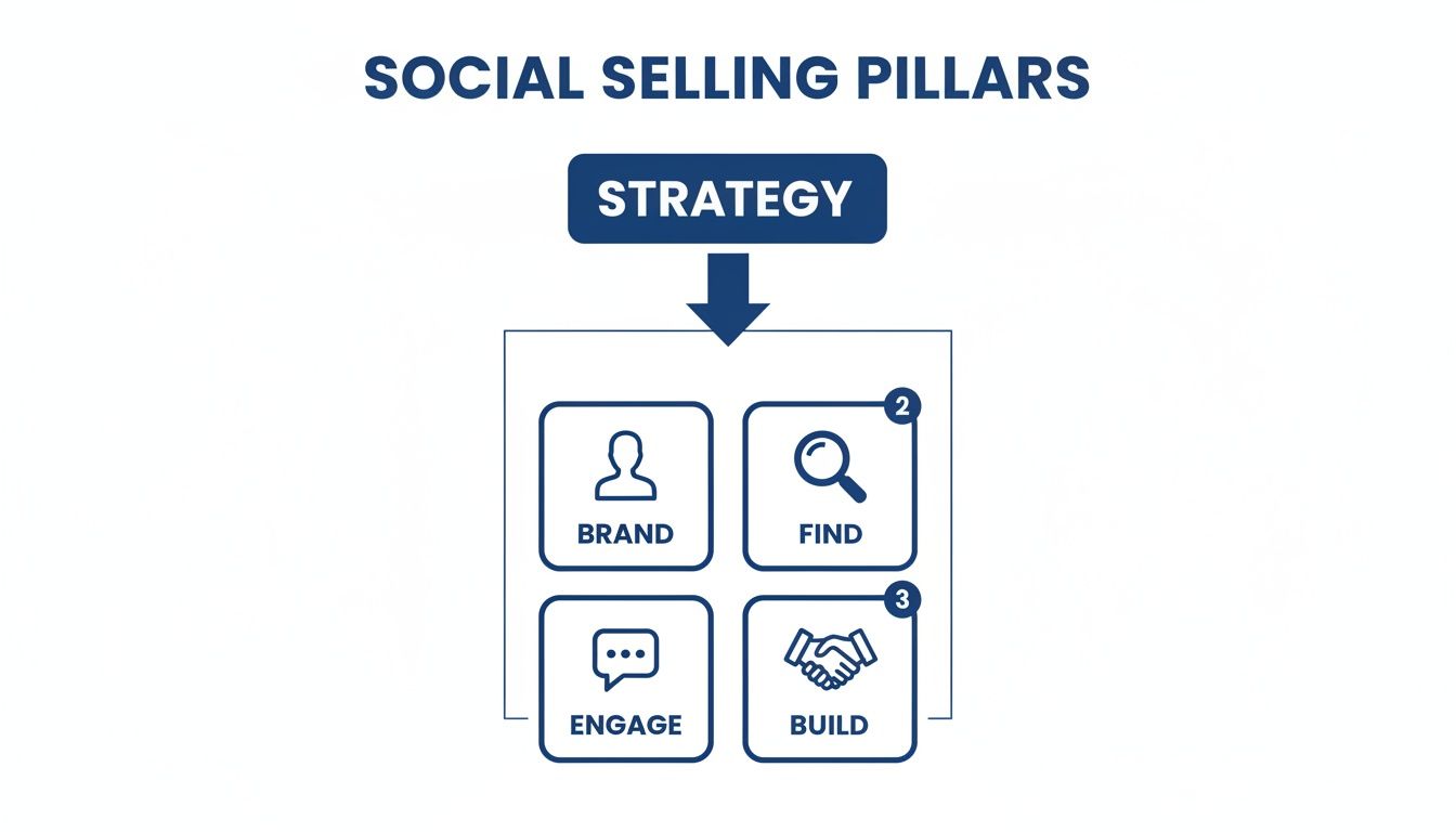 Diagram showing Social Selling Pillars: Strategy leading to Brand, Find, Engage, and Build.