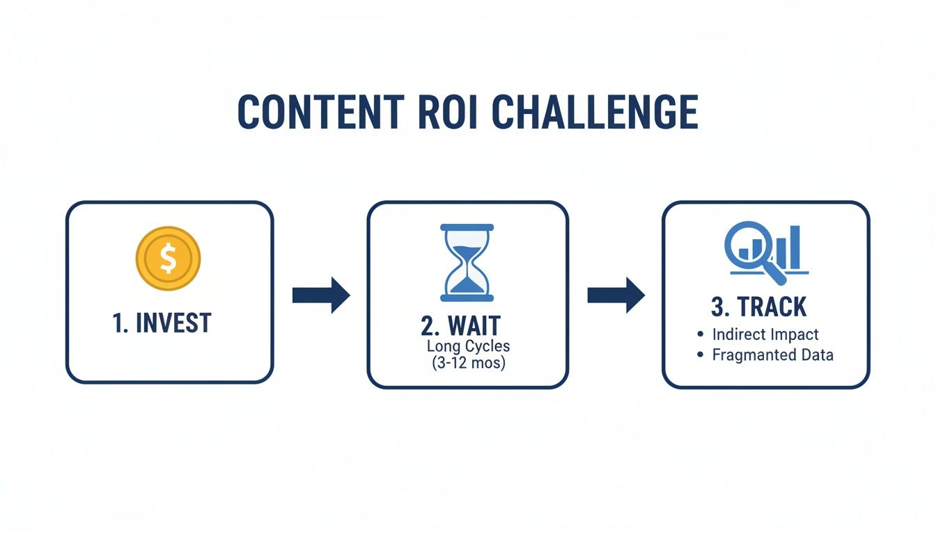 Infographic showing the content ROI challenge: invest, wait (long cycles), and track (indirect, fragmented data).