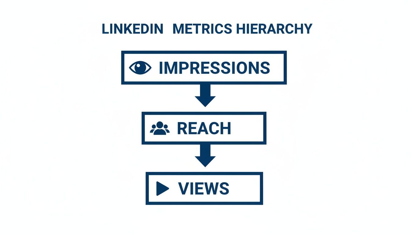 Flowchart illustrating LinkedIn metrics hierarchy: Impressions (eye icon), followed by Reach (people icon), then Views (play icon).
