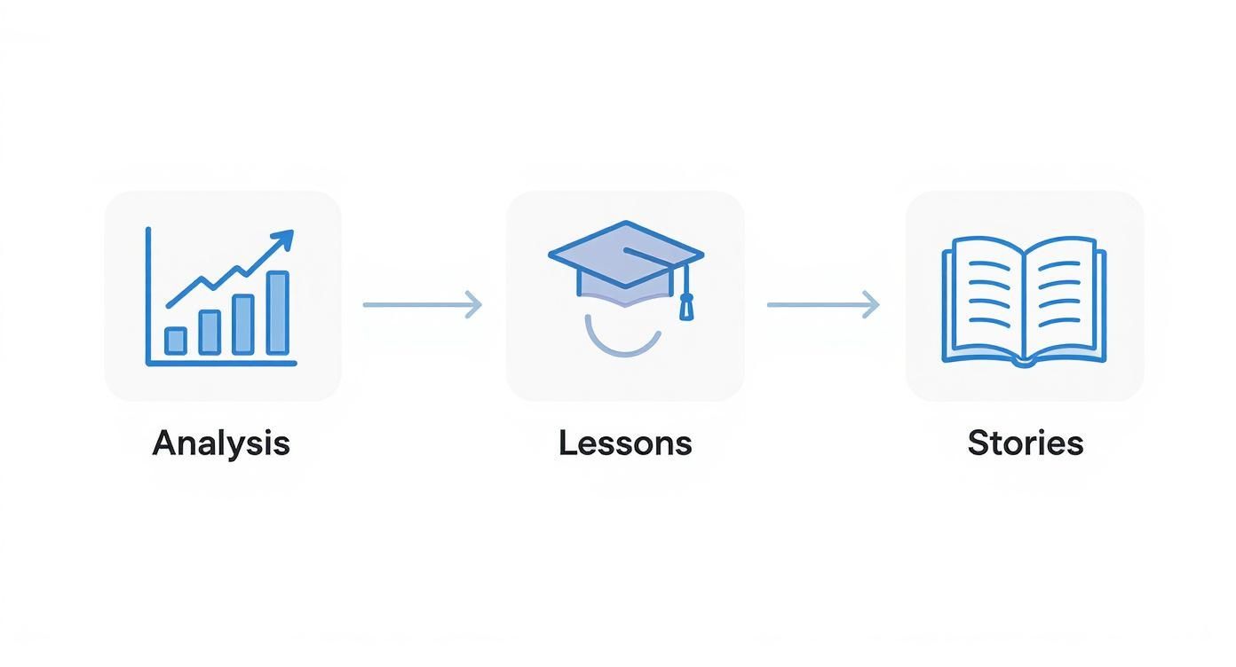 A graphic depicting a three-step process: analysis (chart), lessons (graduation cap), and stories (open book), connected by arrows.