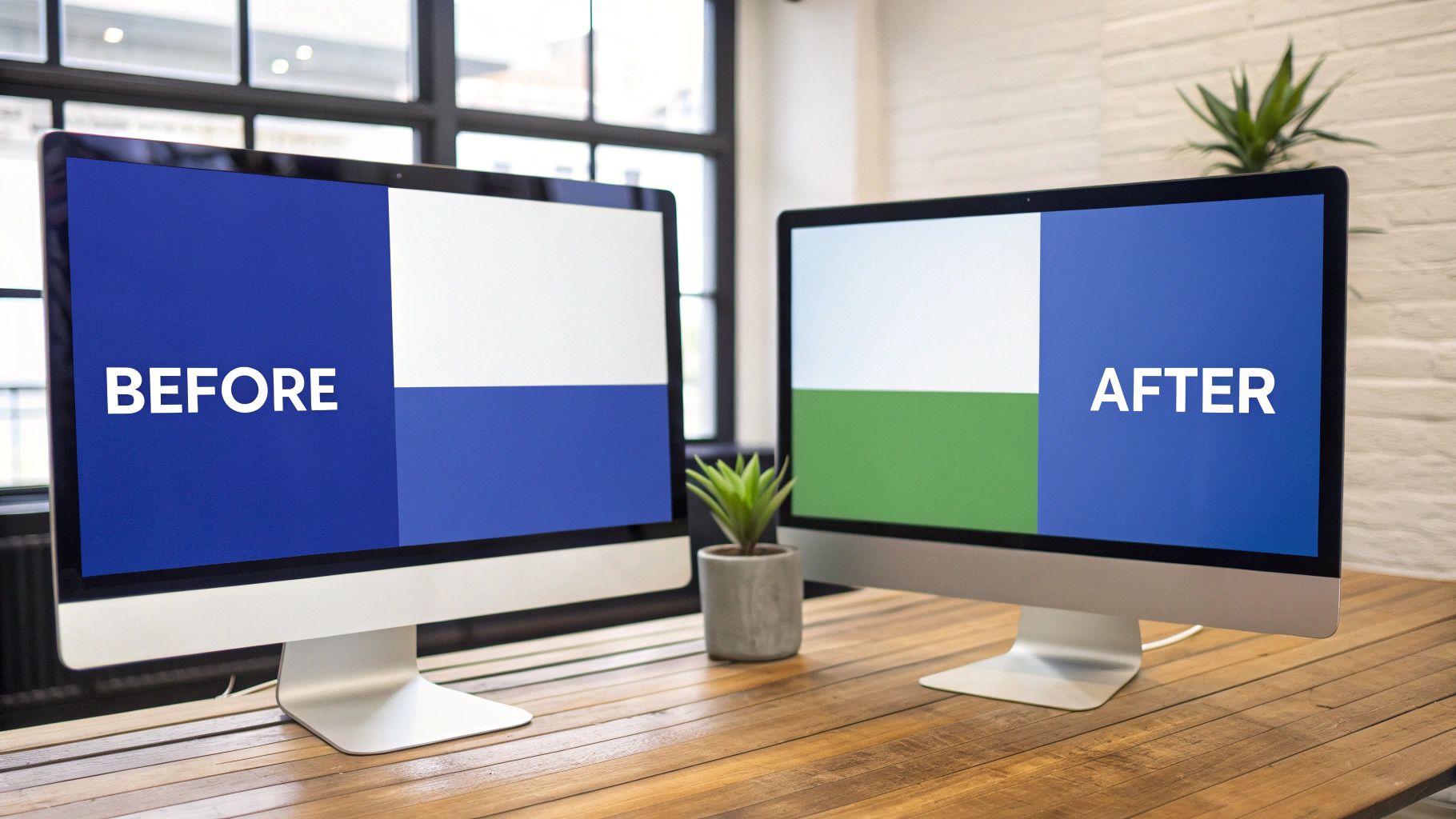 Two computer monitors display 'BEFORE' and 'AFTER' screens with blue, white, and green graphics on a wooden desk.