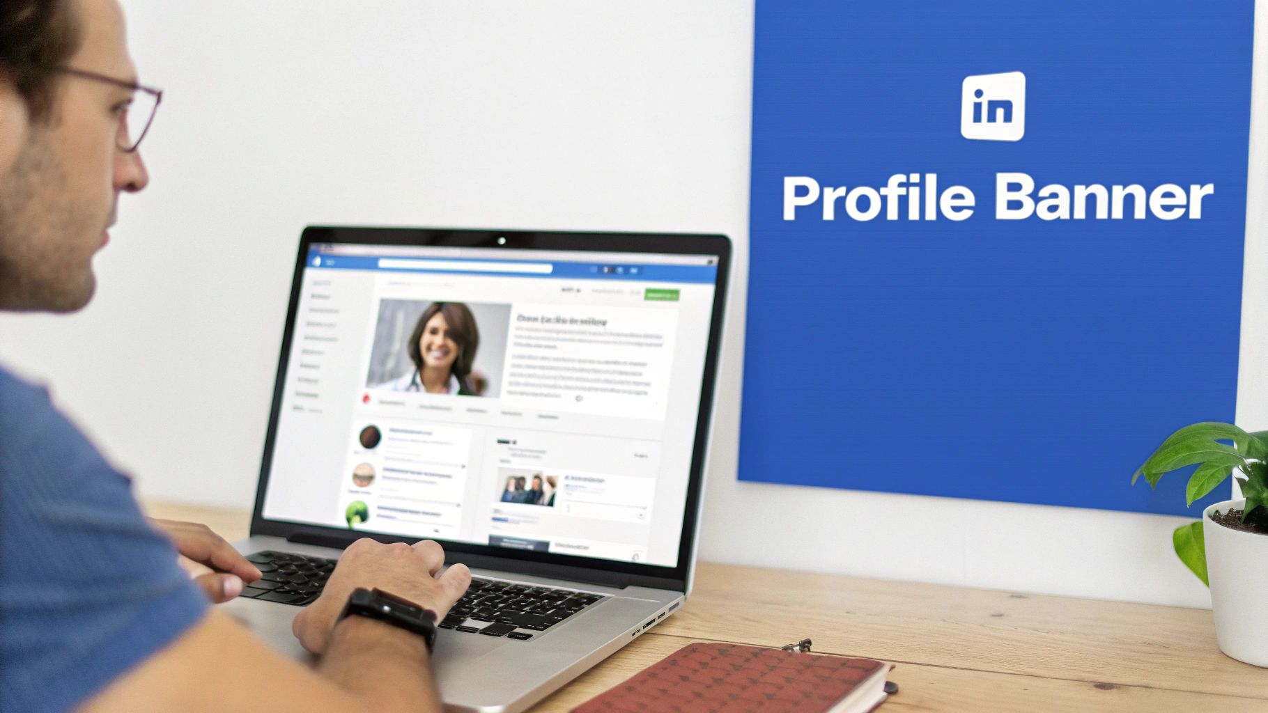 Een man kijkt naar zijn laptop met een LinkedIn-profiel, met een LinkedIn-profielbanner op de achtergrond.