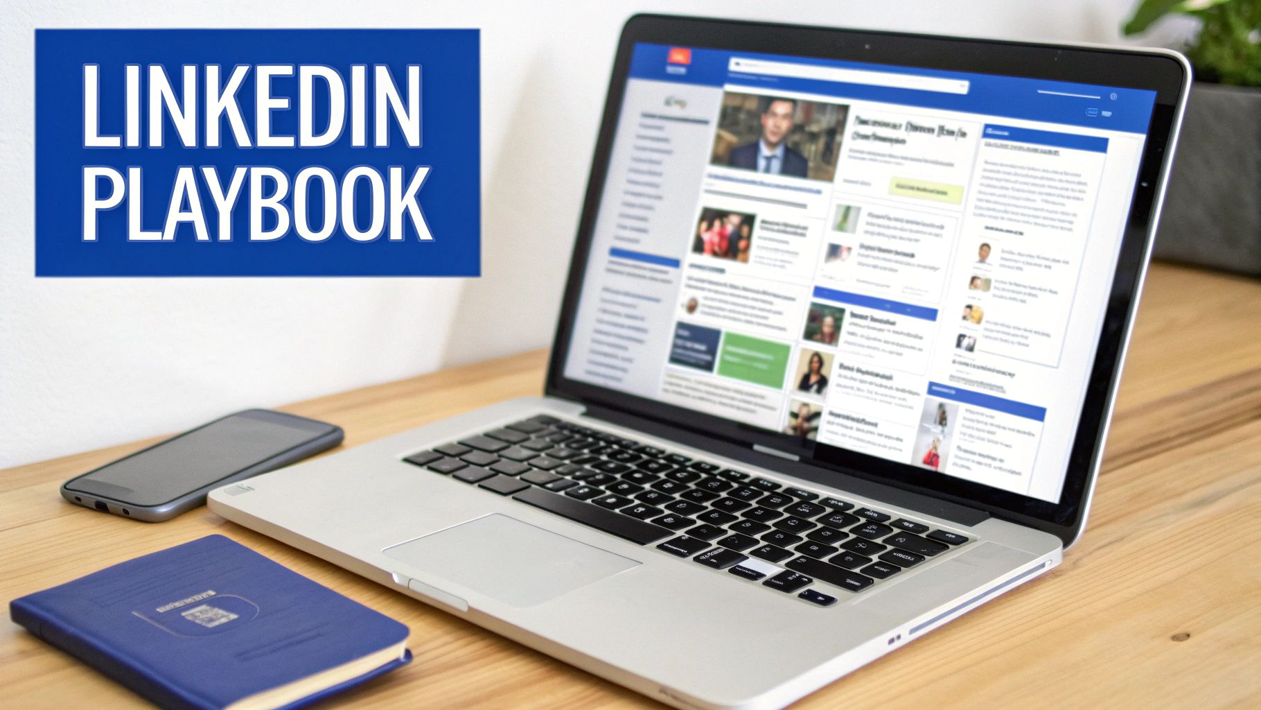 A laptop on a wooden desk displays a LinkedIn feed. A smartphone and blue notebook are near a 'LinkedIn Playbook' sign.