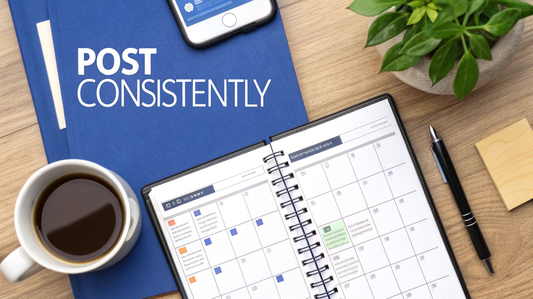 Flat lay of a desk with a planner, coffee, phone, and text 'POST CONSISTENTLY'.