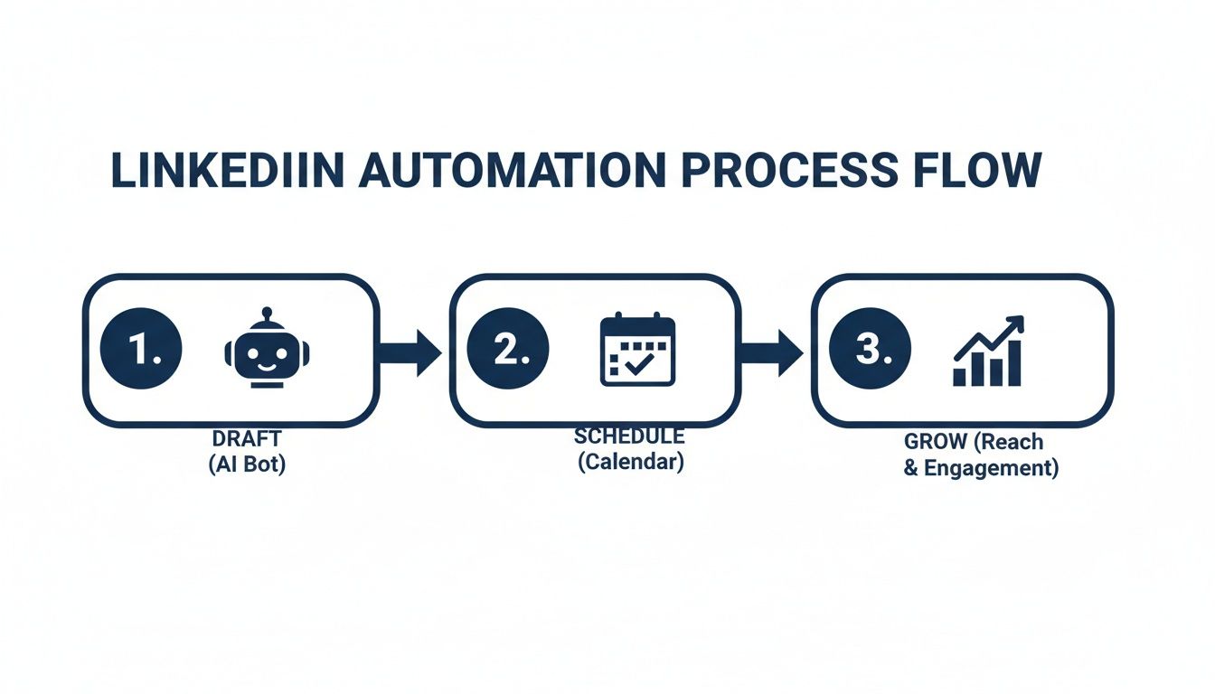 LinkedIn automation process flow: Draft content with AI, schedule posts, then grow reach and engagement.