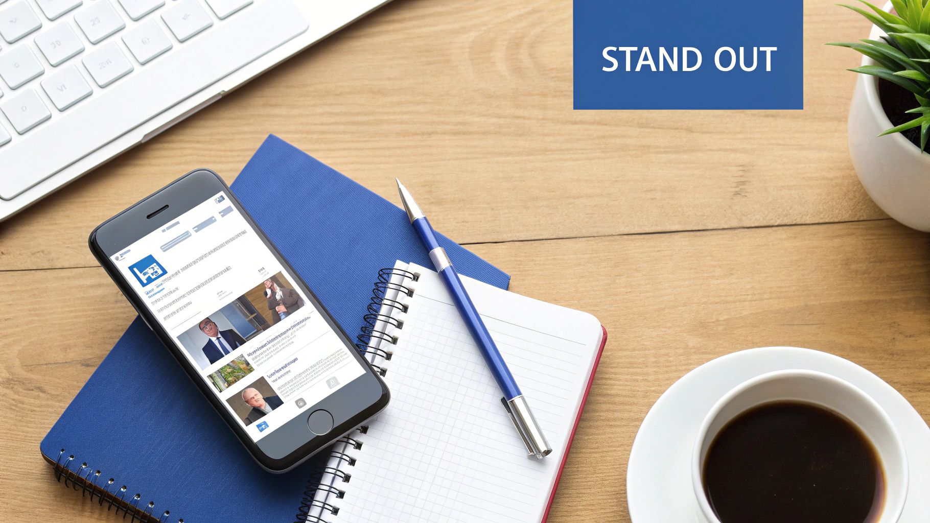Overhead view of a workspace showing a smartphone with LinkedIn, laptop, coffee, and office supplies.