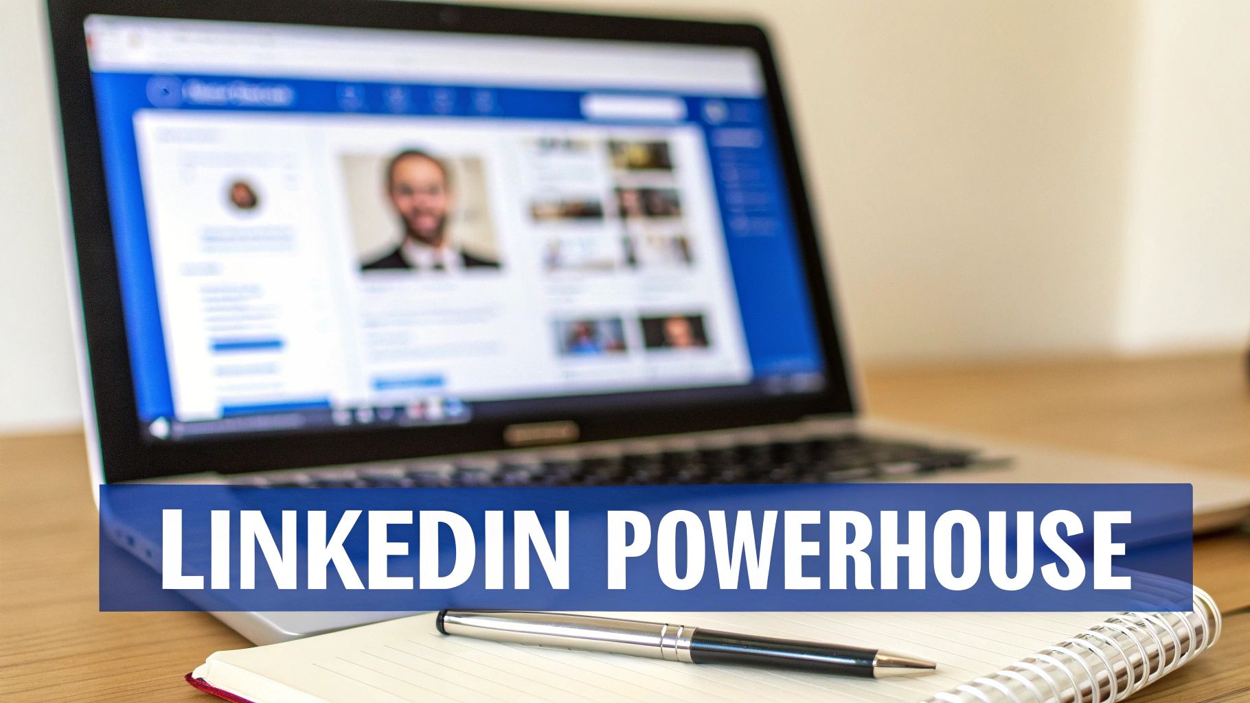 Laptop displaying a LinkedIn profile, a notebook, and a pen on a desk, with 'LINKEDIN POWERHOUSE' text.