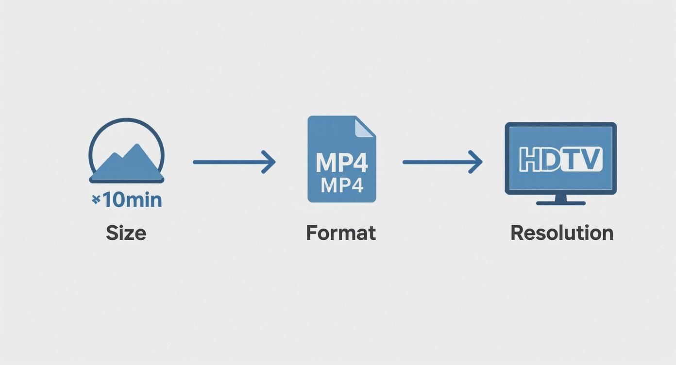 A visual workflow showing video processing steps: from *10min size to MP4 format to HDTV resolution.