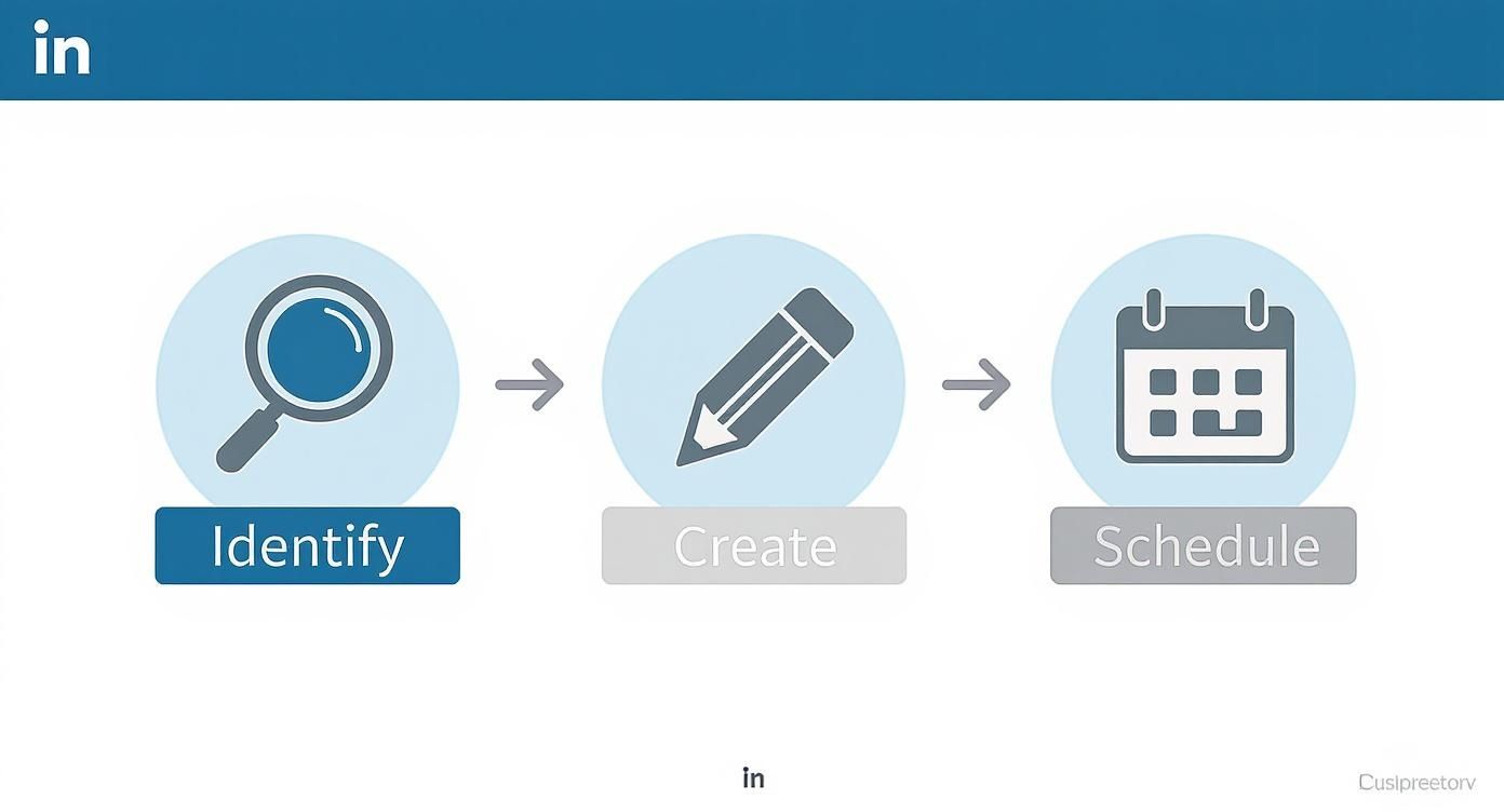 A three-step process diagram showing Identify, Create, and Schedule icons with text labels.