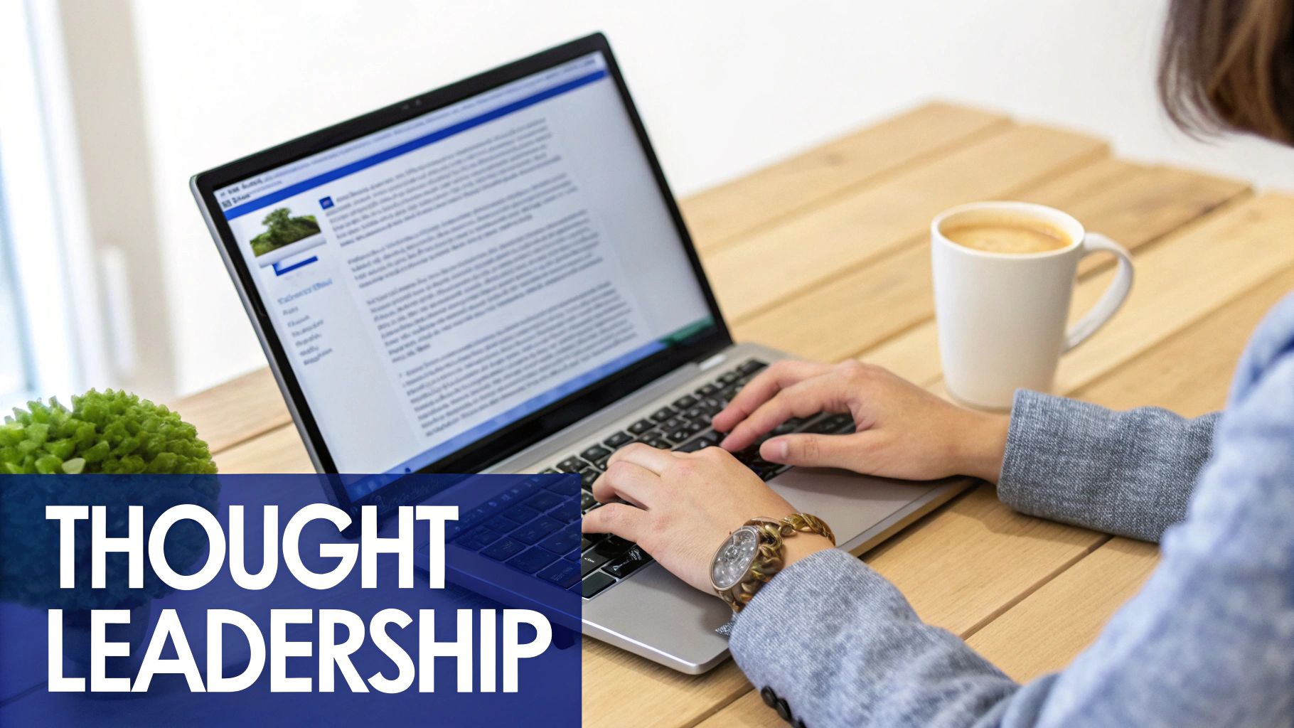 A person types on a laptop at a wooden desk with a coffee mug, demonstrating thought leadership.