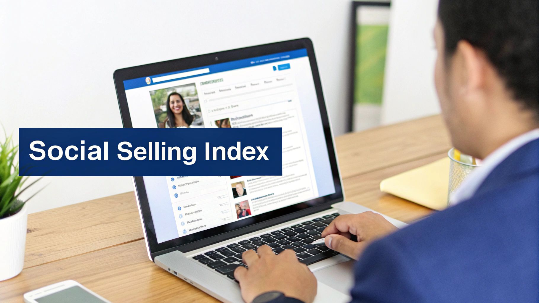 A person types on a laptop displaying a social selling index score on a social media platform.