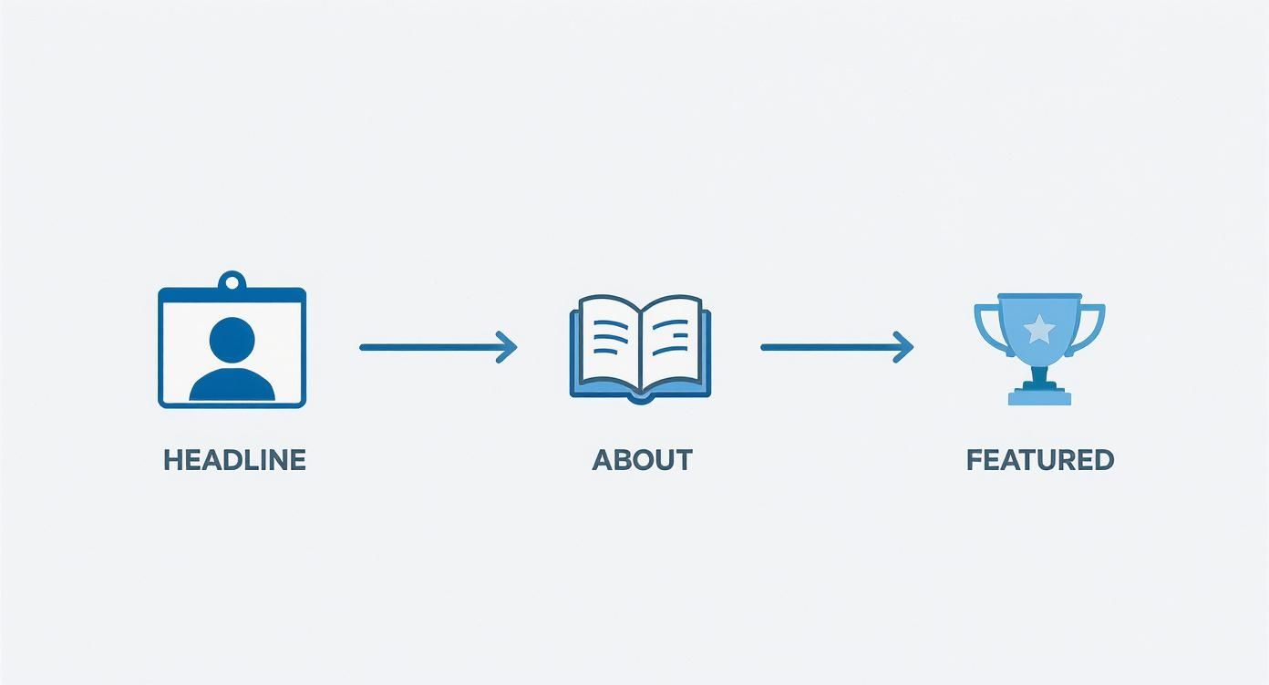 Workflow diagram illustrating three profile optimization steps: Headline (profile icon), About (book icon), Featured (trophy icon).