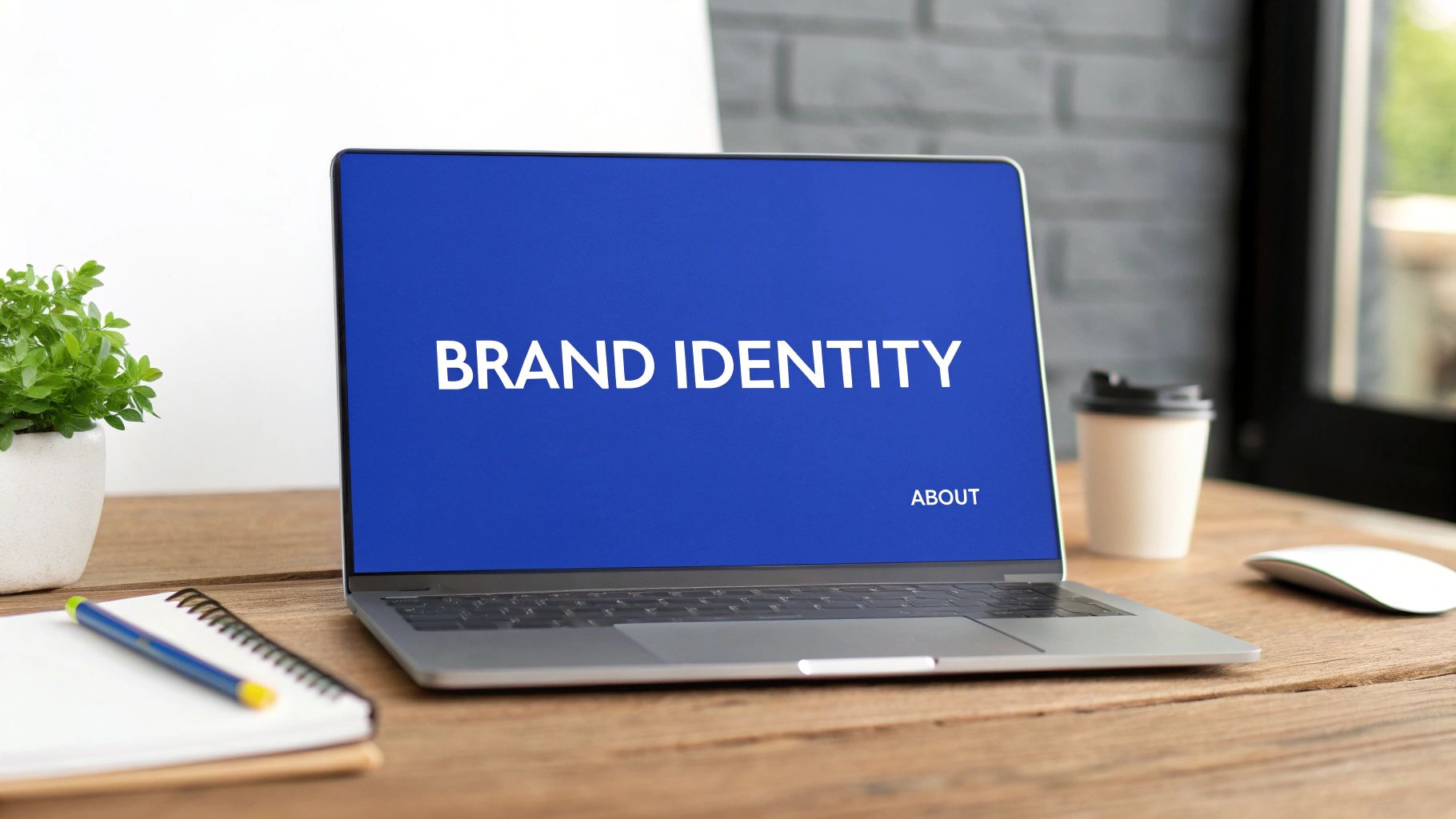 A laptop displaying 'BRAND IDENTITY' on its blue screen, on a wooden desk with a plant and coffee.