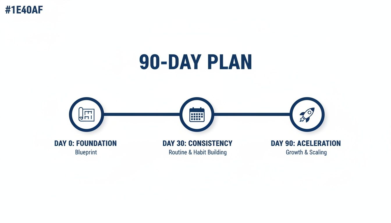 A 90-day plan timeline with three stages: Foundation, Consistency, and Acceleration, each with an icon.