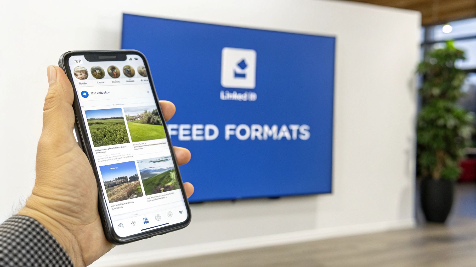 Een hand houdt een smartphone vast met een app-feed met liggende foto's, voor een blauw scherm met "LinkedID FEED FORMATS".