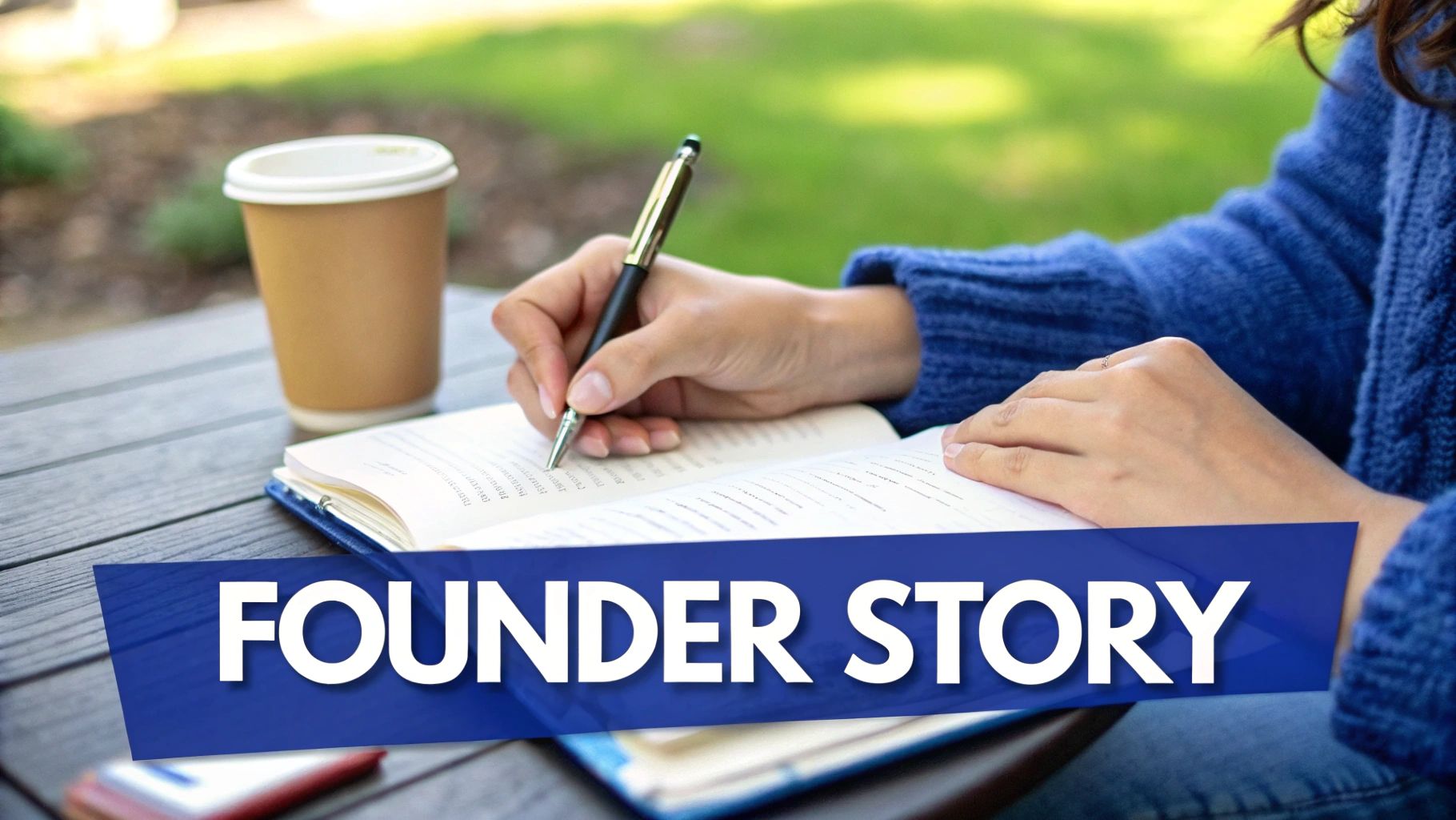 A person writes in a notebook with a pen, coffee, and phone on an outdoor table. FOUNDER STORY.