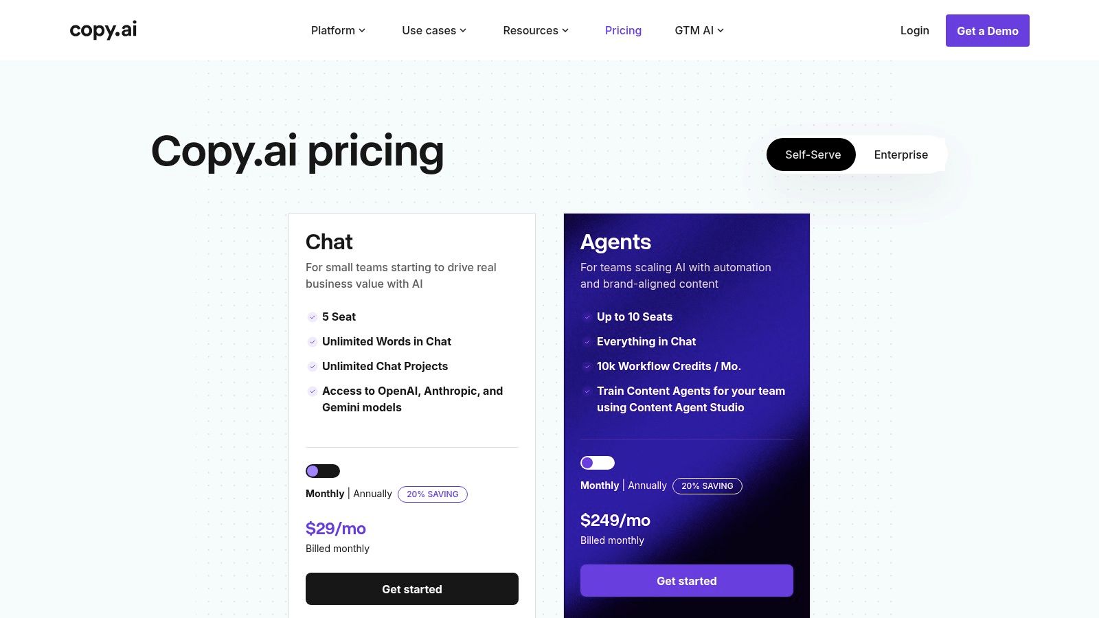 A screenshot of the Copy.ai pricing page, showing different plans and features.