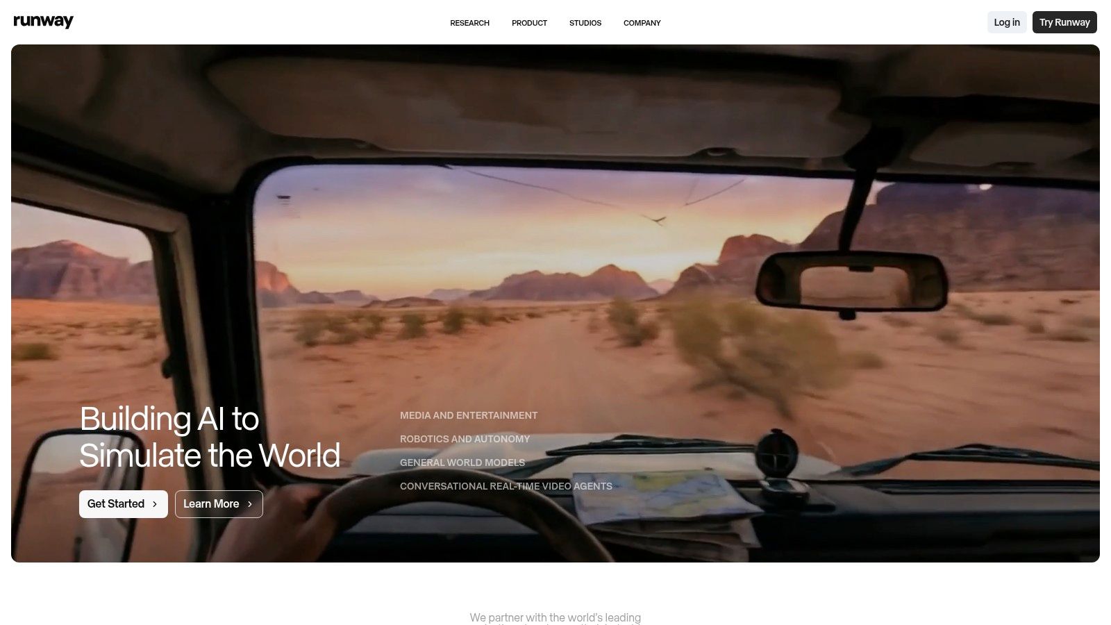 A cinematic shot of a car driving through a desert, created with Runway's AI video generation tools.