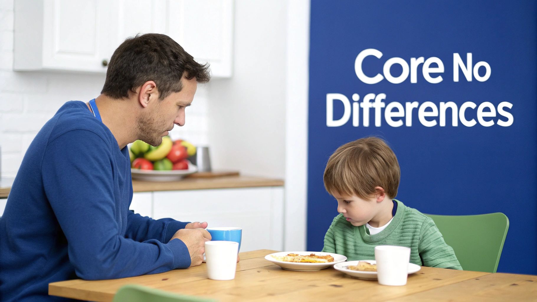 A father and son are seated at a table, with 'Core No Differences' on a blue wall.