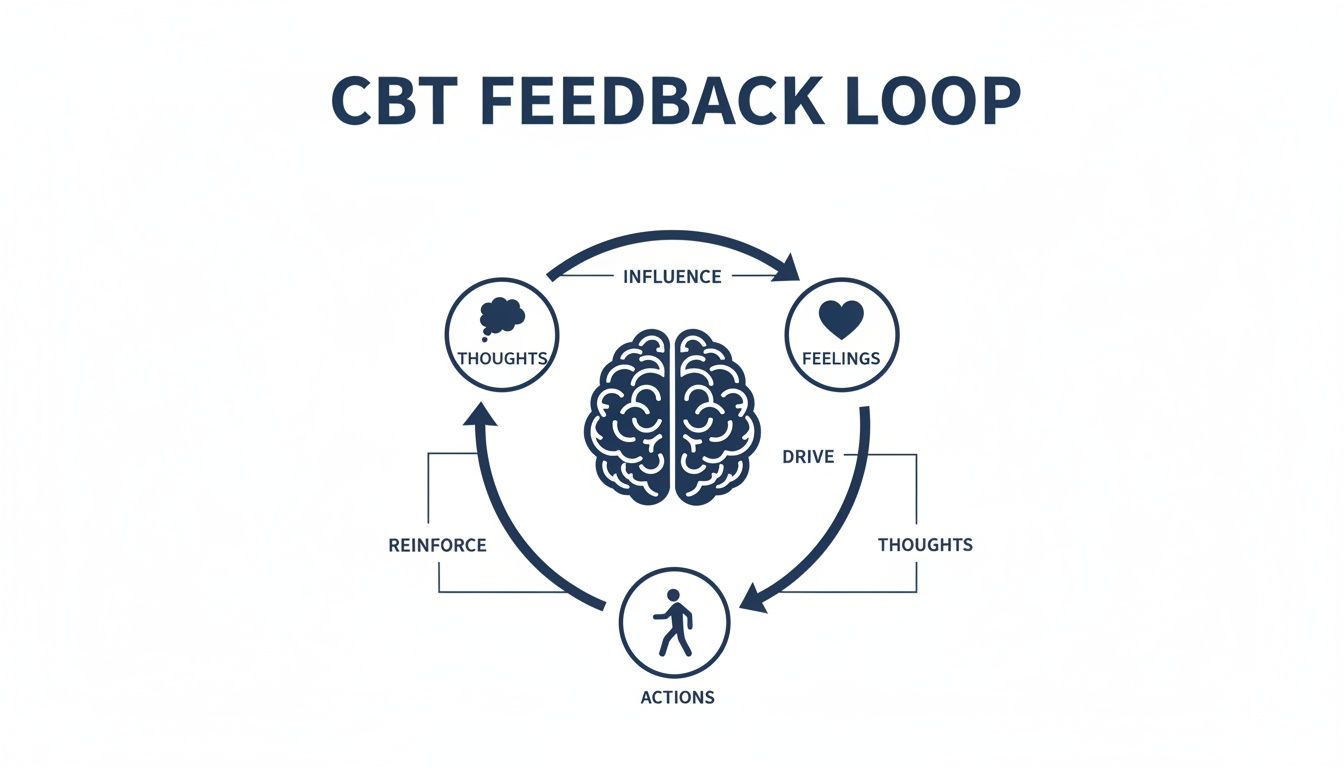 Diagram illustrating the CBT feedback loop connecting thoughts, feelings, and actions around a brain icon.