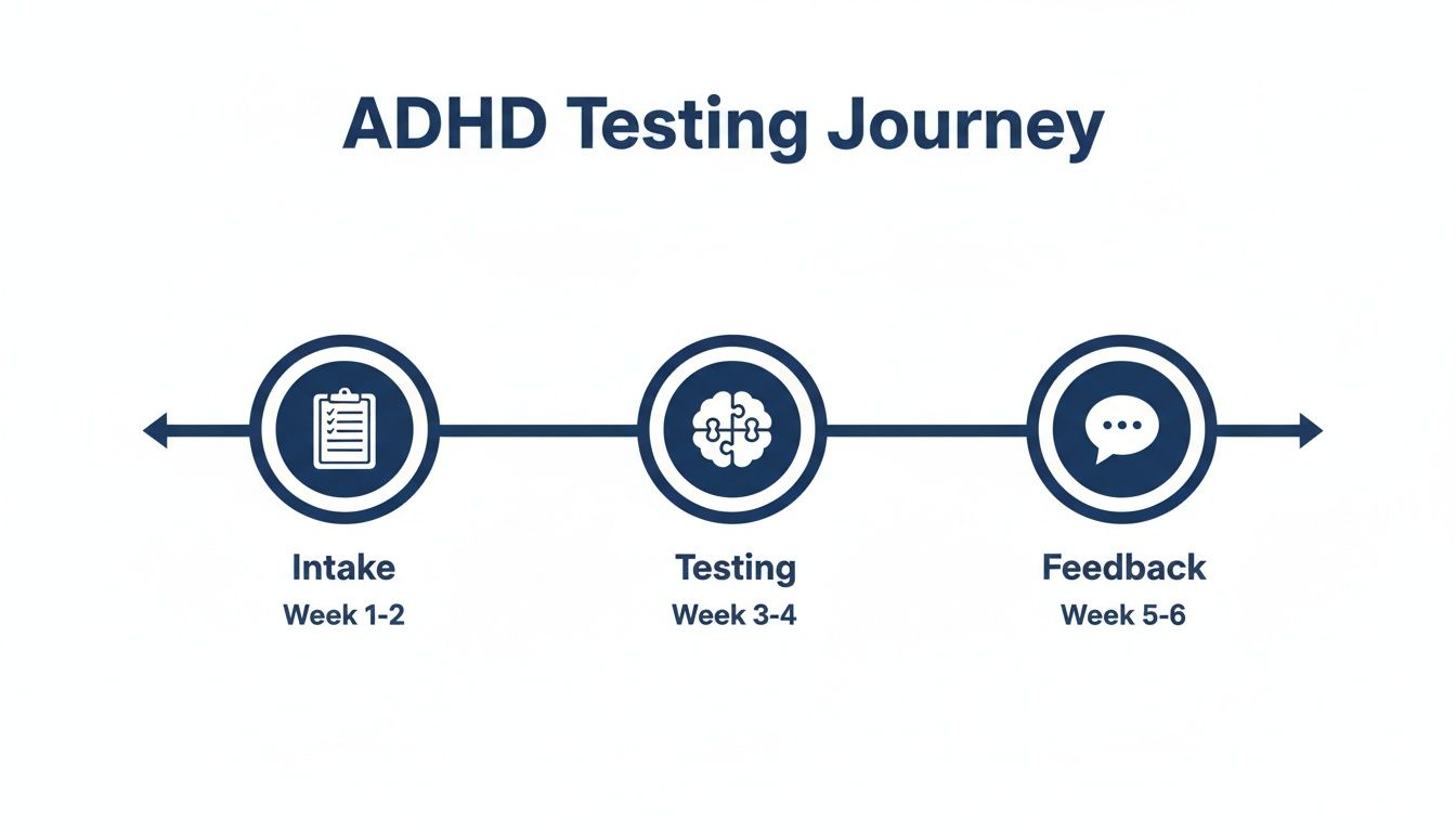 A visual timeline showing the ADHD testing journey with three stages: Intake (Week 1-2), Testing (Week 3-4), and Feedback (Week 5-6).