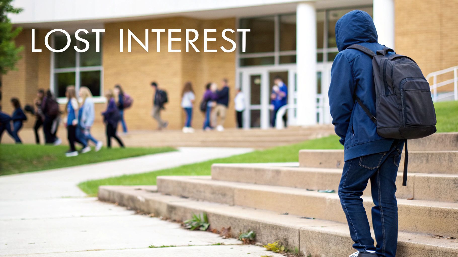 A lonely student with a backpack stands on school steps, turning away from classmates, showing lost interest.