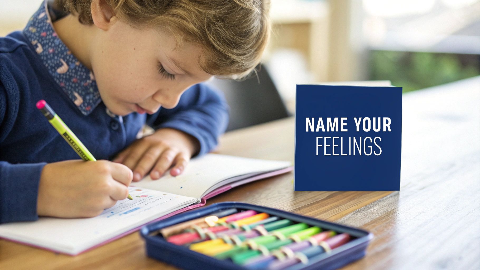 A young child writes in a notebook with a pencil, next to a blue card saying 'NAME YOUR FEELING' and a box of crayons.
