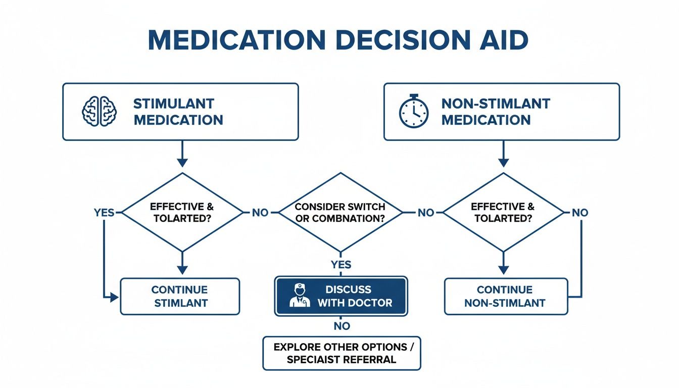 A medication decision aid flowchart for stimulant and non-stimulant treatments, guiding choices and doctor consultation.