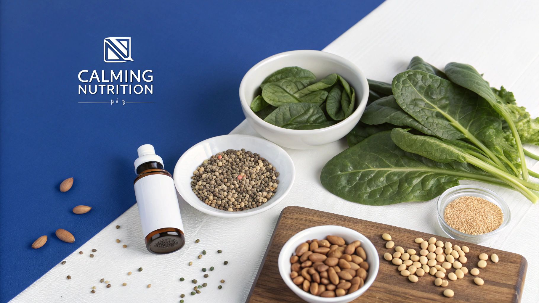 Calming Nutrition logo with fresh spinach, various nuts, seeds, and a dropper bottle.