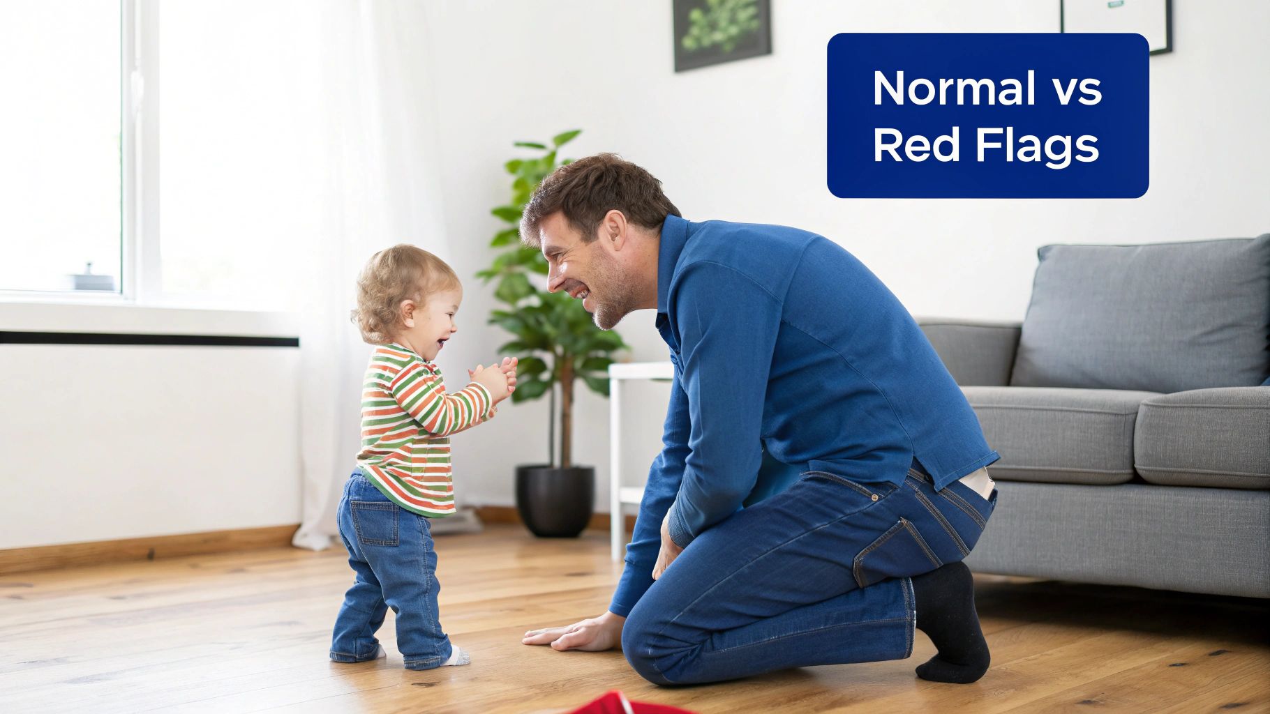 A smiling man interacts with a clapping toddler on a wooden floor, with text 'Normal vs Red Flags'.