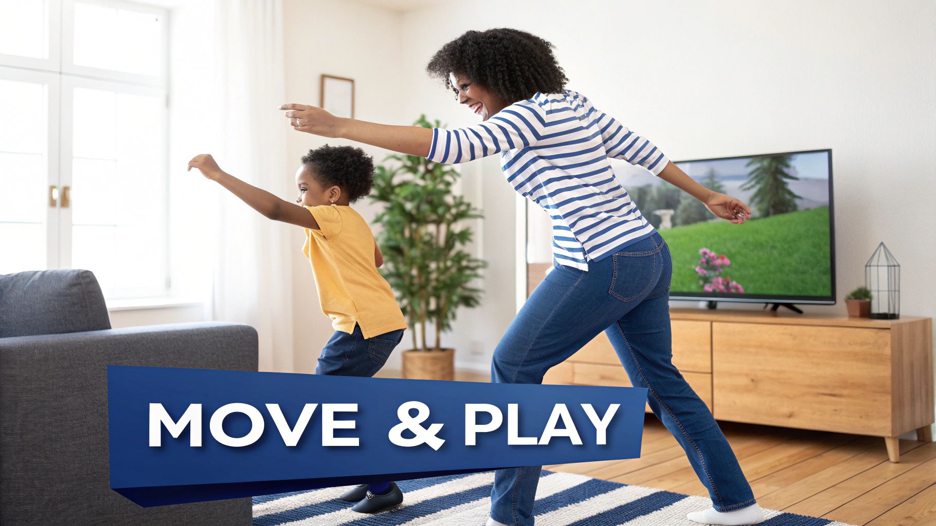 Joyful African American mother and child actively playing and moving together in a bright home.