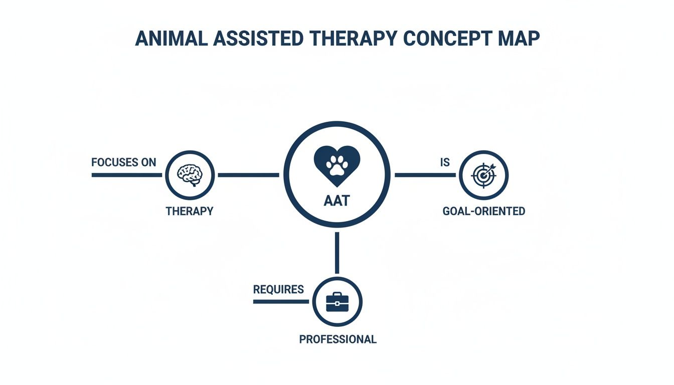 A concept map showing Animal Assisted Therapy (AAT) focuses on therapy, is goal-oriented, and requires a professional.
