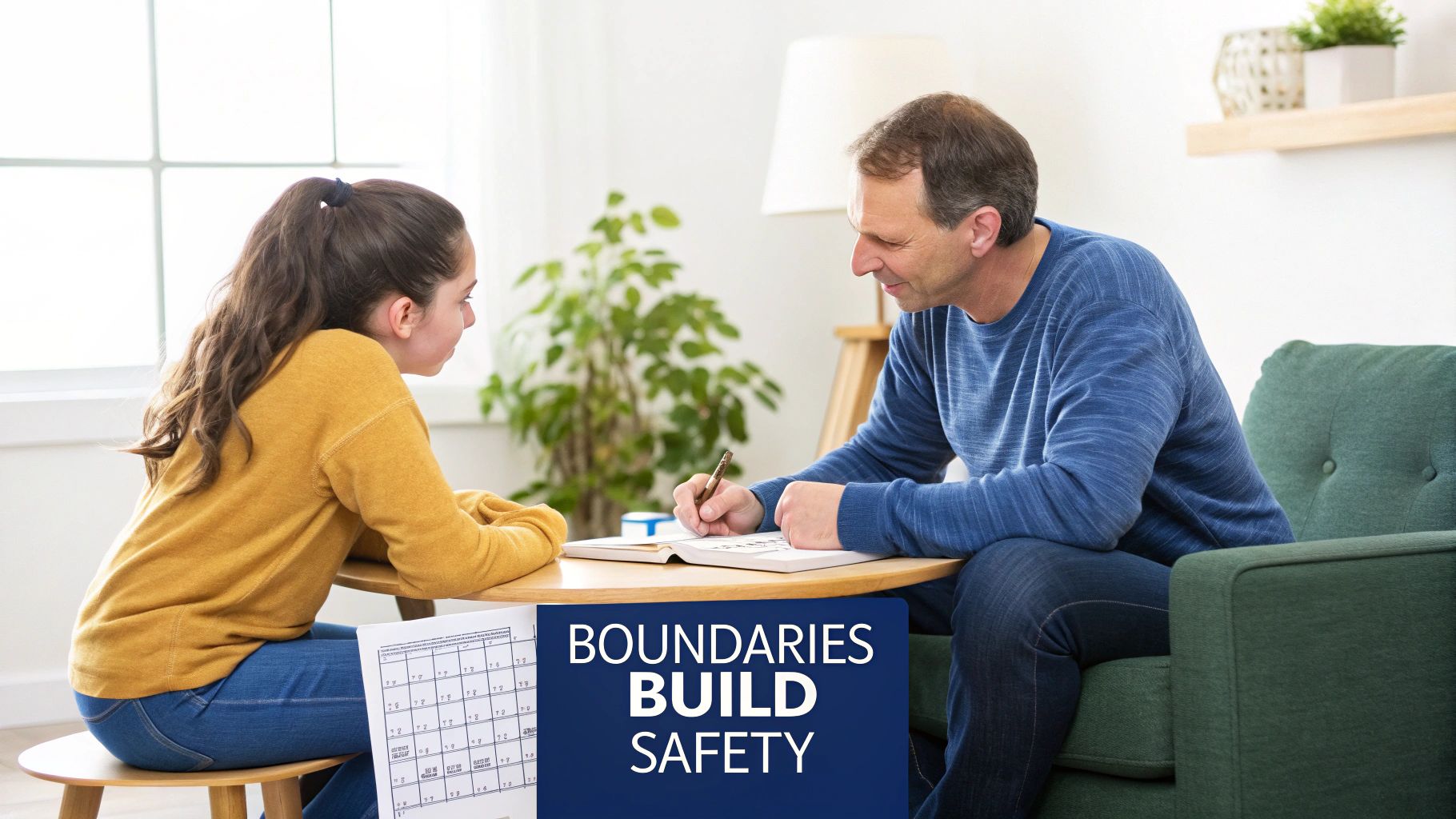 A man and a teenage girl discussing and writing in a book at a table.