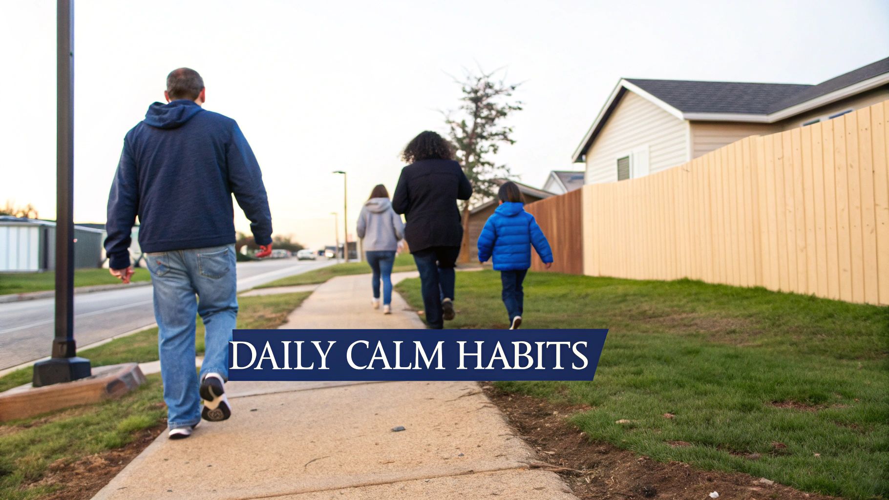 A family of four walks away from the camera on a sidewalk with houses and a fence in the background.