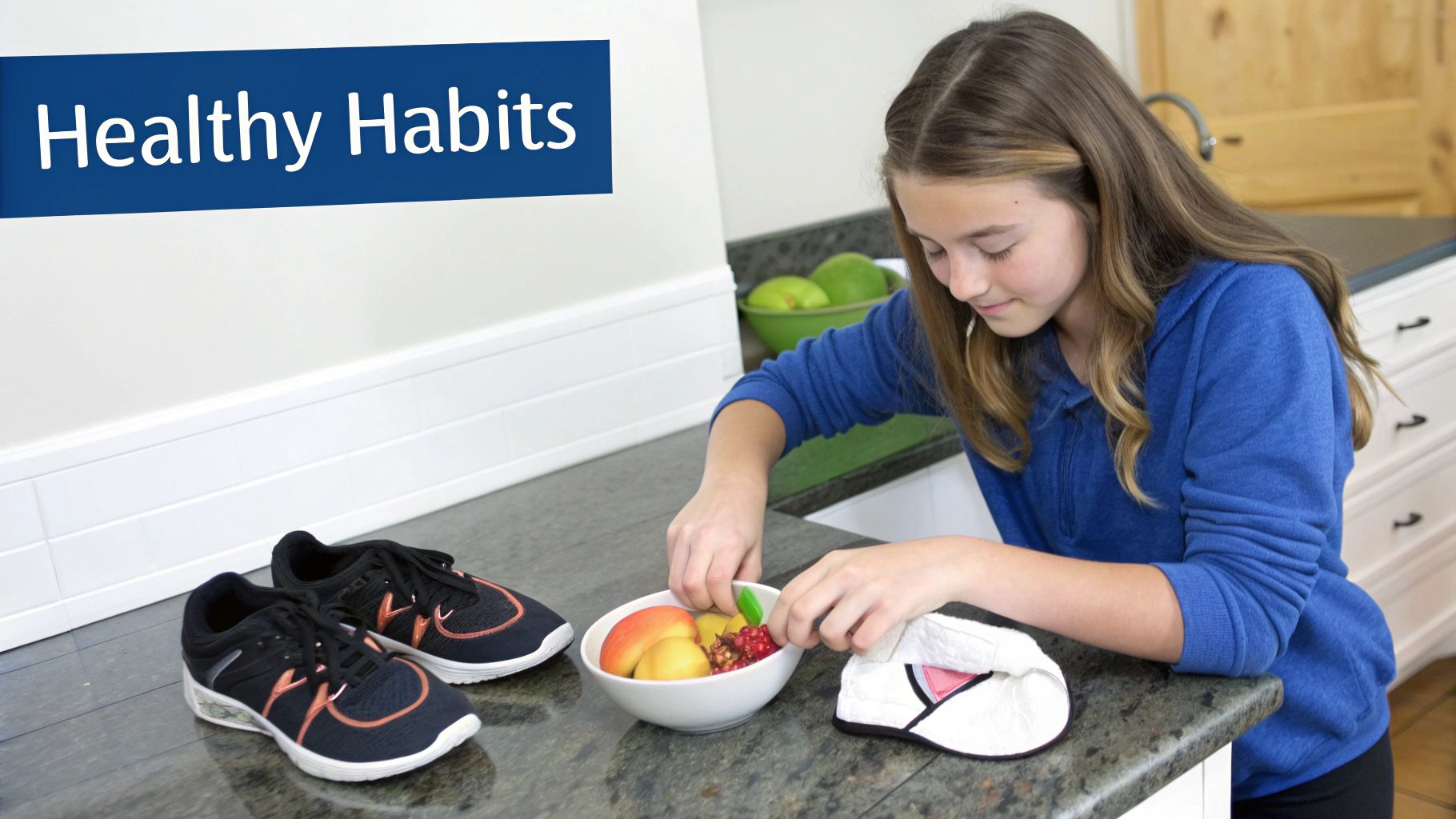 A teenage girl prepares a healthy fruit snack next to athletic shoes, promoting healthy habits.