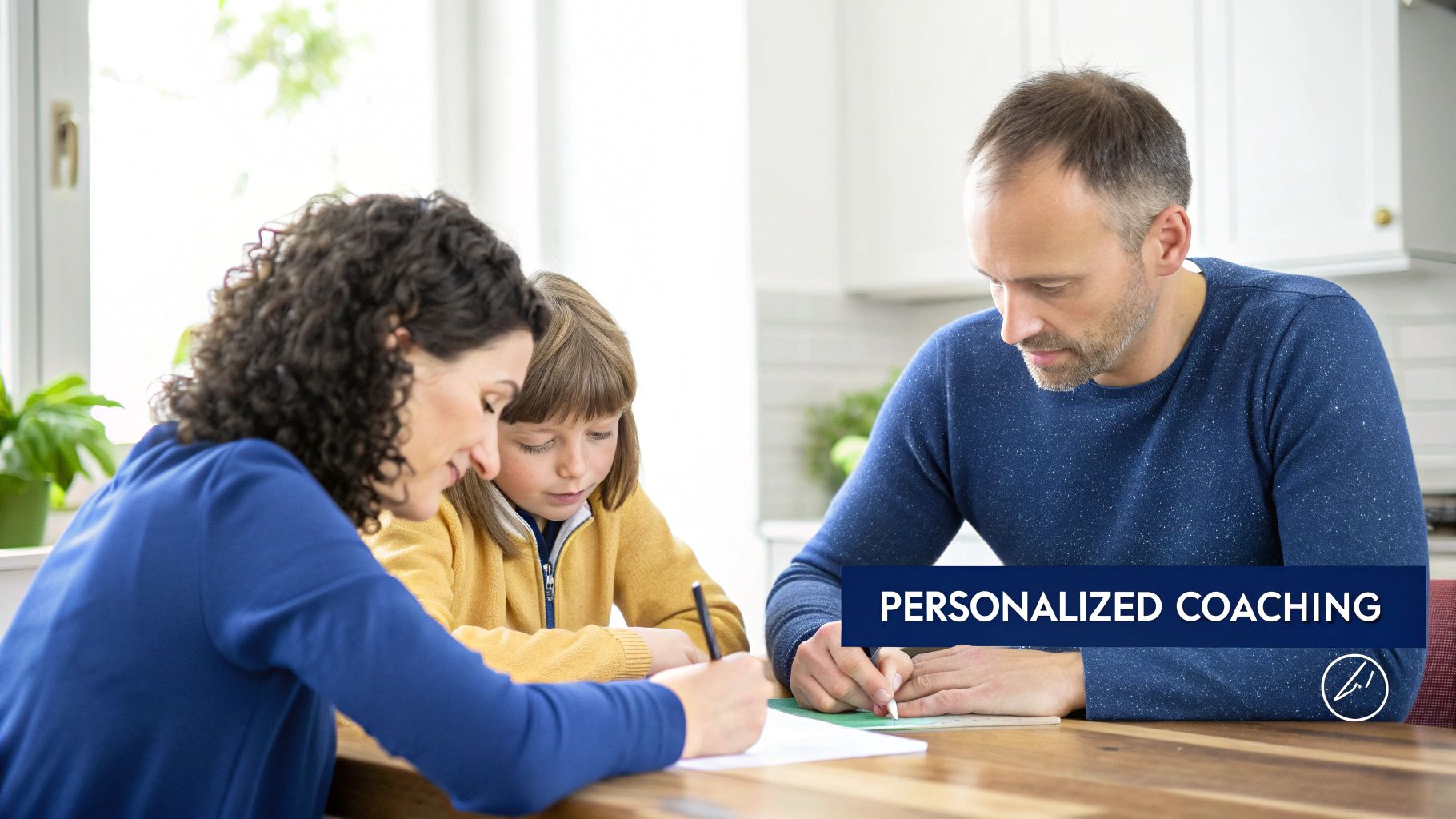 A family, a mother, a child, and a father, sit at a table, engaged in a personalized coaching session.