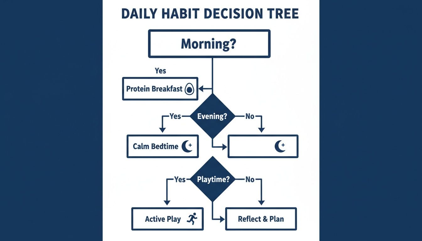 A daily habit decision tree flowchart outlining routines based on morning, evening, and playtime decisions.
